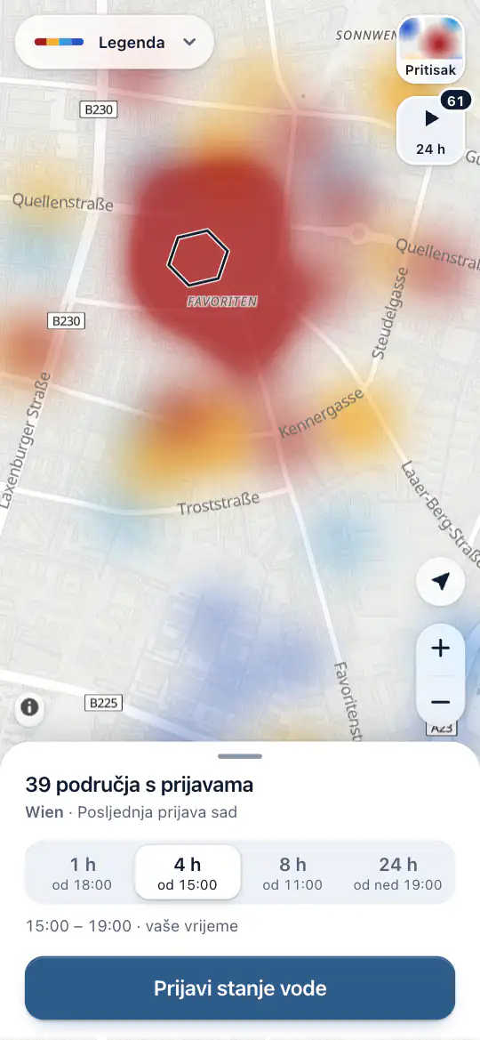 Mapa nakon prijave, s područjima koja su ljudi prijavili