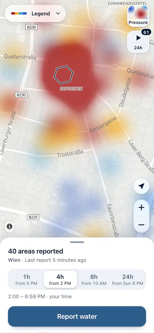 The map after a report, with the areas people reported