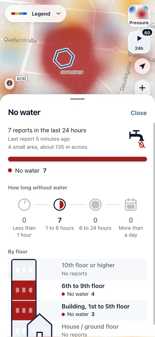 One area's reports, with a building coloured floor by floor