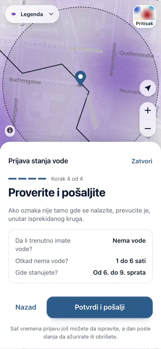 Oznaka na mapi, sa odgovorima za slanje